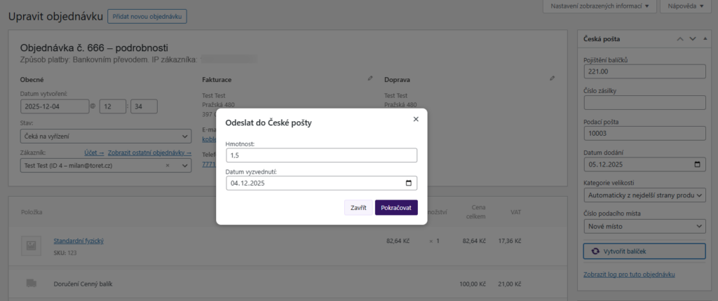 Plugin Česká pošta - dialogové okno odesílání zásilek