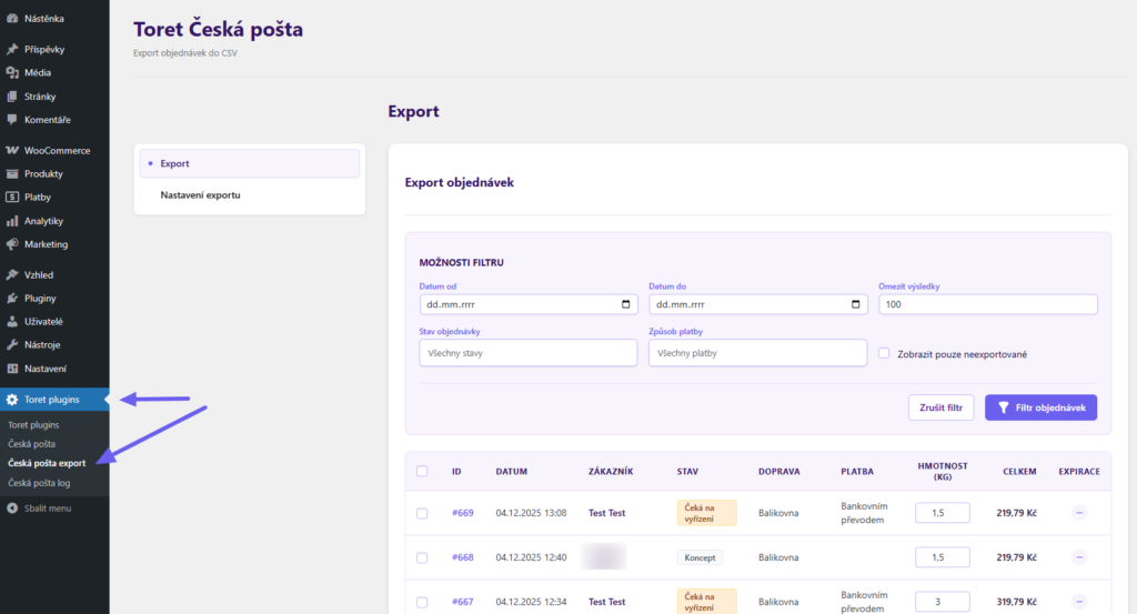 Plugin Česká pošta - export zásilek do souboru csv