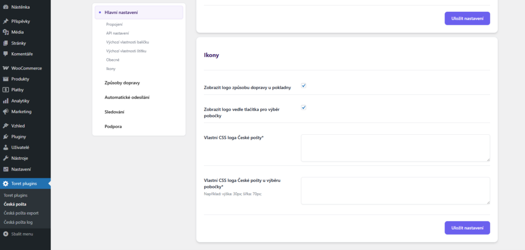 Plugin Česká pošta - nastavení zobrazení ikon v pokladně