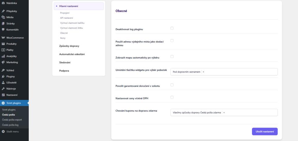 Plugin Česká pošta pro WooCommerce - obecné nastavení