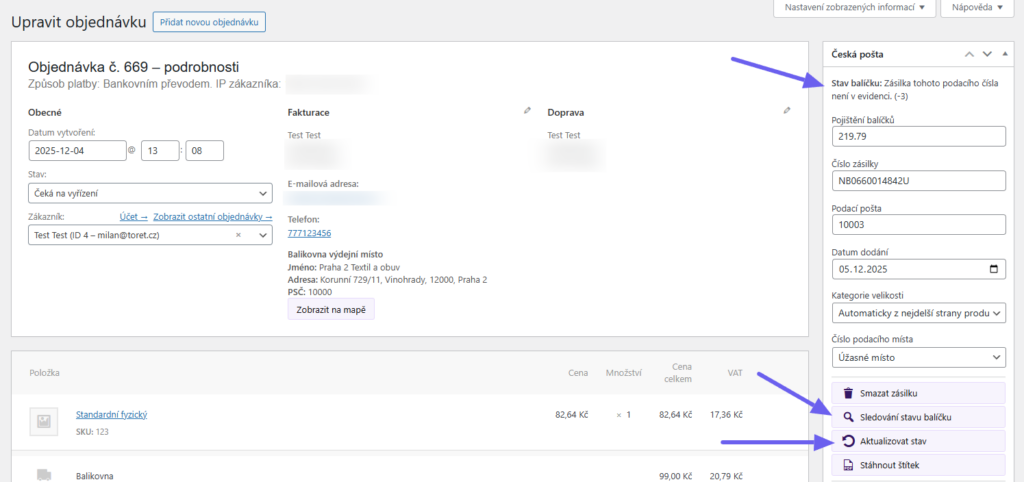plugin Toret Česká pošta - sledování zásilky