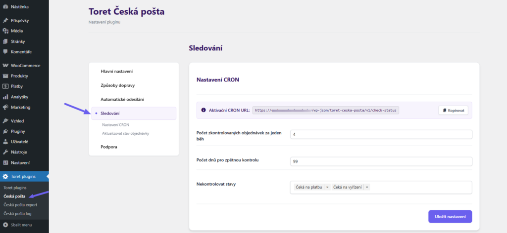 plugin Toret Česká pošta - automatické načítání stavu zásilky