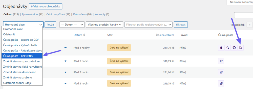 plugin Toret Česká pošta - tisk štítků