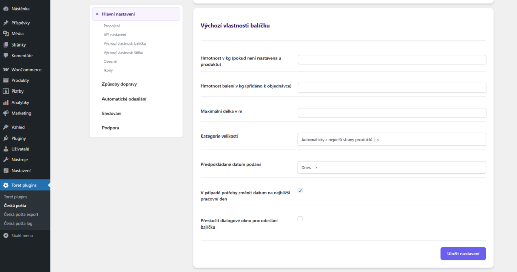 Plugin Česká pošta - nastavení výchozích vlastností balíčku