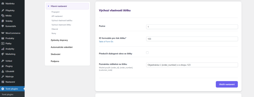 Plugin Česká pošta - výchozí vlastnosti štítku