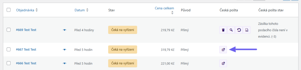 plugin Toret Česká pošta - vytváření zásilek