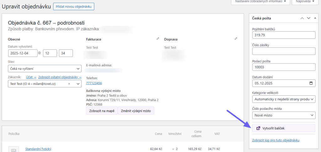 plugin Toret Česká pošta - vytváření zásilek