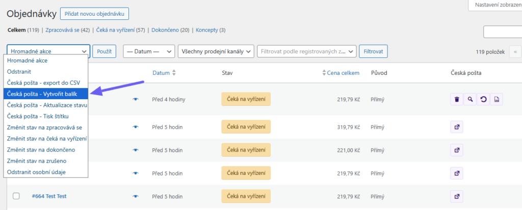 plugin Toret Česká pošta - vytváření zásilek - hromadné