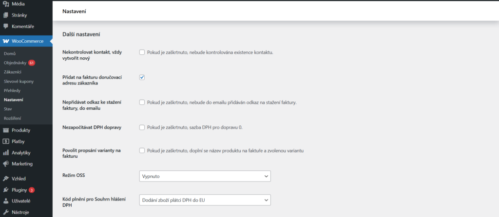 Plugin Toret Fakturoid pro WooCommerce - další nastavení