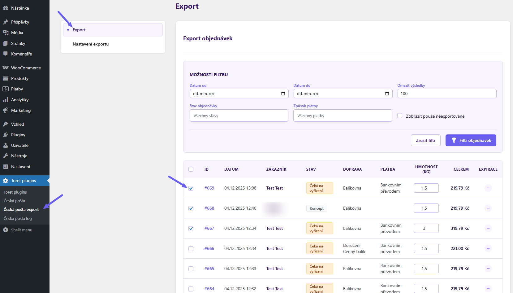 plugin Toret Česká pošta - export csv