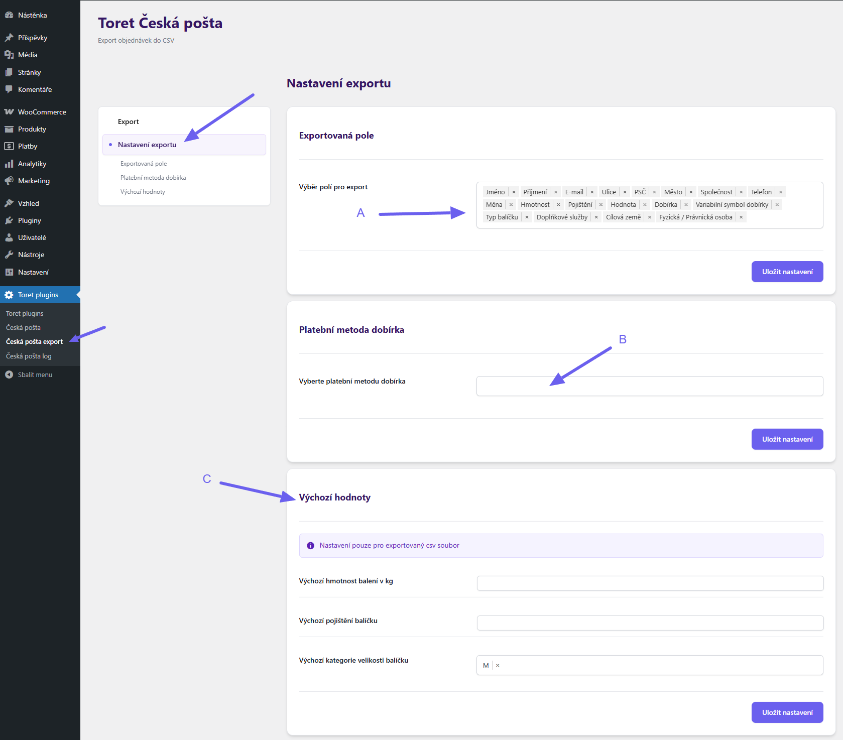 plugin Toret Česká pošta - nastavení CSV exportu