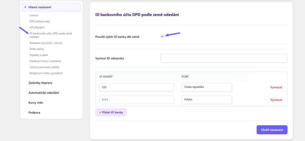 plugin Toret DPD - ID bankovního účtu dle země doručení