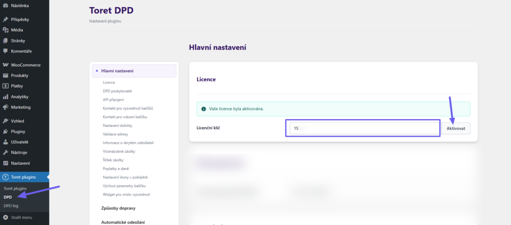 plugin Toret DPD - aktivace