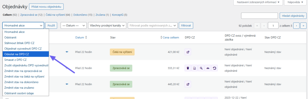 plugin Toret DPD - hromadné podání zásilek