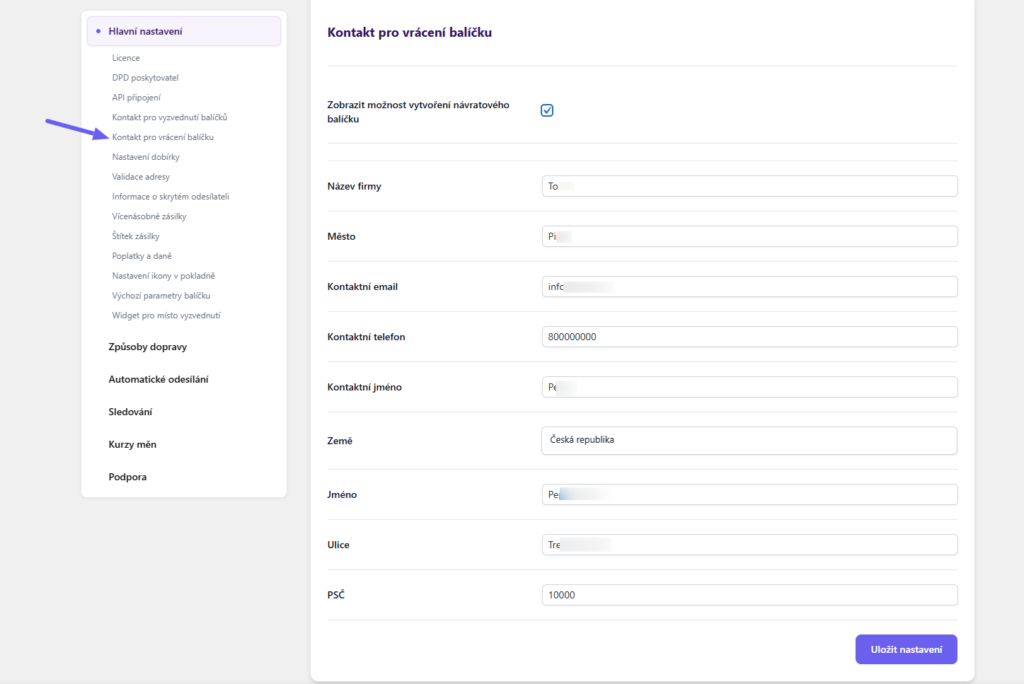 plugin Toret DPD - kontakt pro vrácení