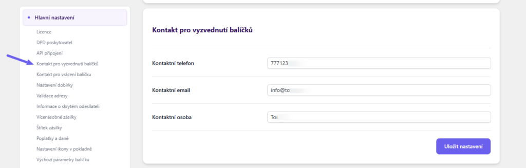 plugin Toret DPD - kontakt pro vyzvednutí