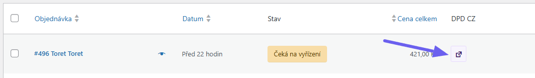 plugin Toret DPD - manuální podání zásilek - z přehledu objednávek
