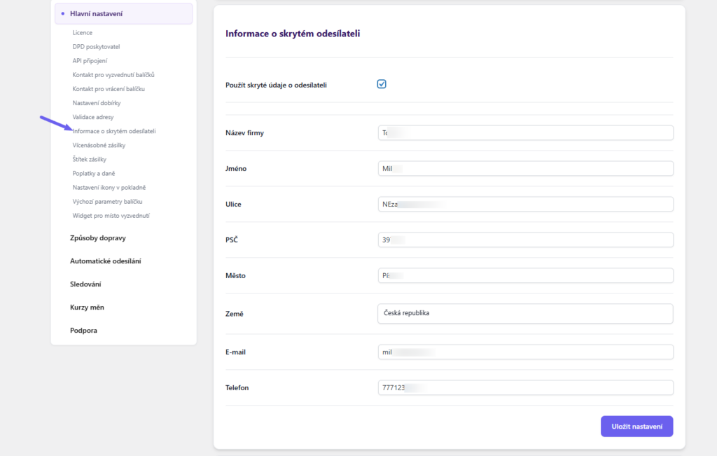plugin Toret DPD - maskovaná adresa
