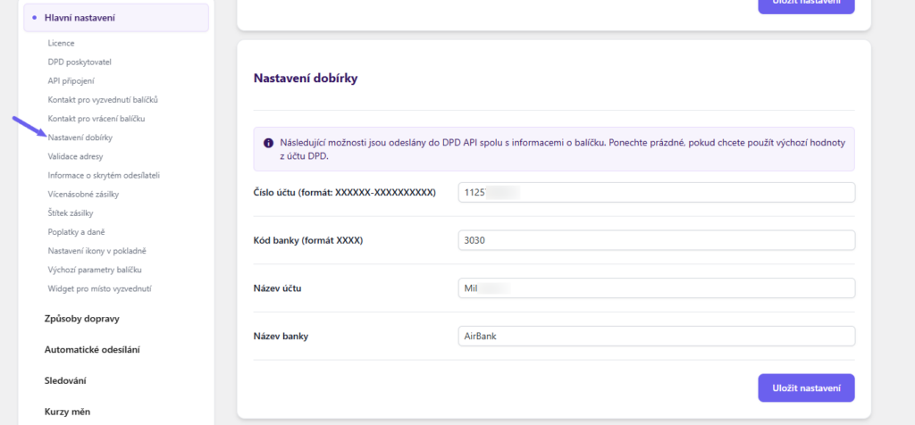 plugin Toret DPD - nastavení dobírky