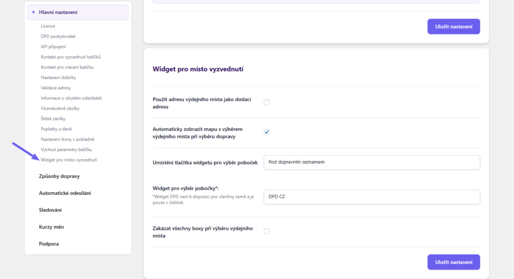 plugin Toret DPD - nastavení widgetu