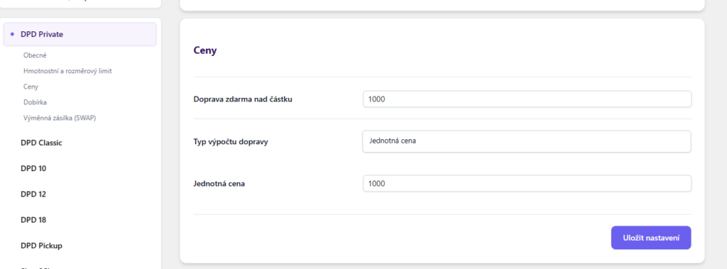 plugin Toret DPD - nastavení způsobů dopravy - cena
