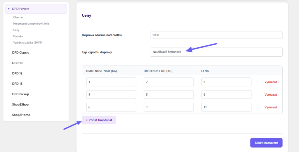 plugin Toret DPD - nastavení způsobů dopravy - cena