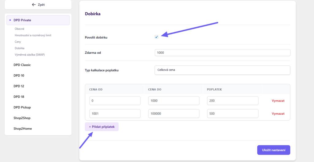 plugin Toret DPD - nastavení způsobů dopravy - dobírka