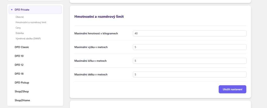 plugin Toret DPD - nastavení způsobů dopravy - limity