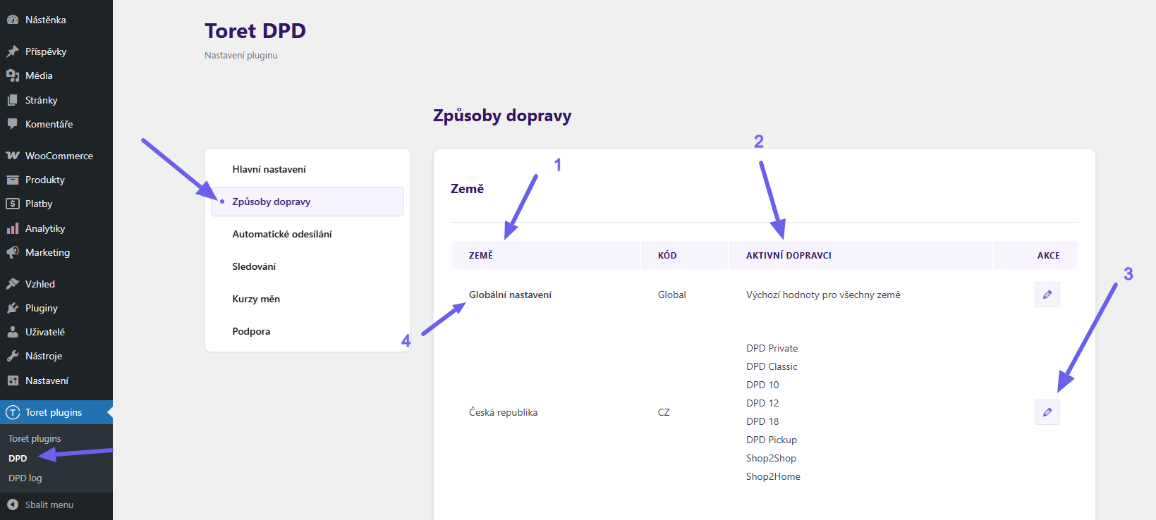 plugin Toret DPD - nastavení způsobů dopravy