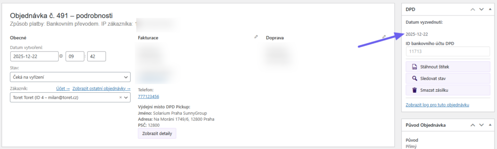 plugin Toret DPD - objednání svozu 2