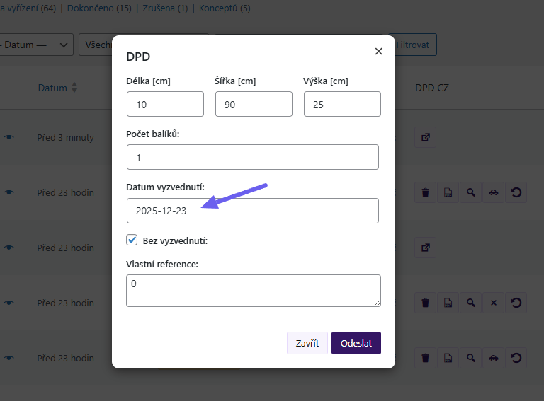 plugin Toret DPD - objednání svozu