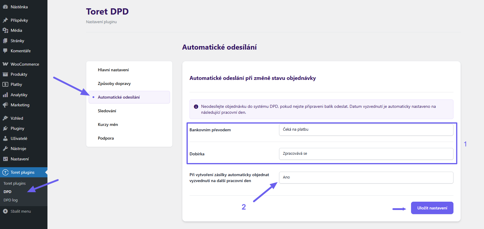 plugin Toret DPD - podání zásilky automatické