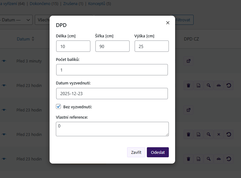 plugin Toret DPD - manuální podání zásilek 