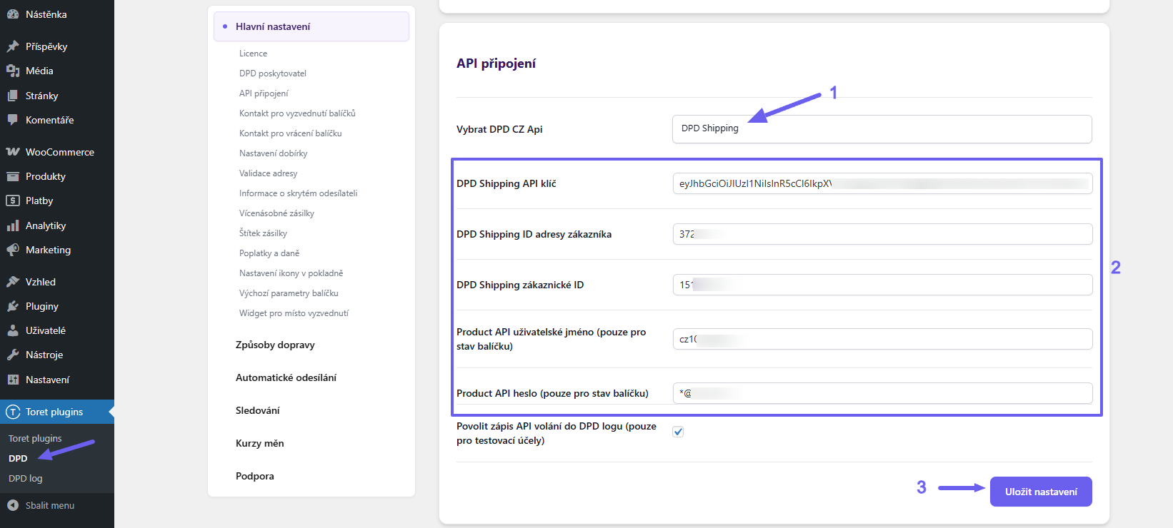 plugin Toret DPD - přístup do API CZ