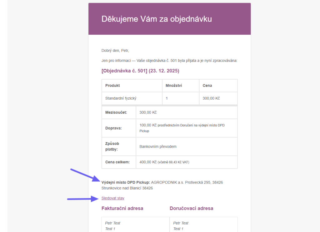 plugin Toret DPD - sledování zásilek- odkazy v e-mailu