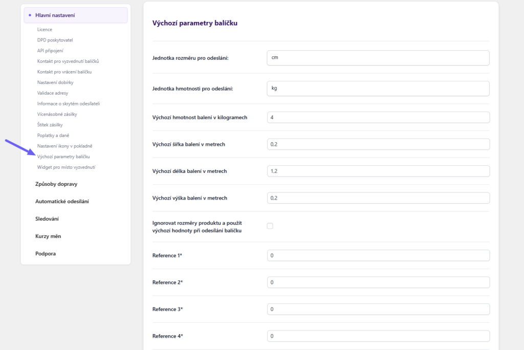 plugin Toret DPD - výchozí parametry balíčku
