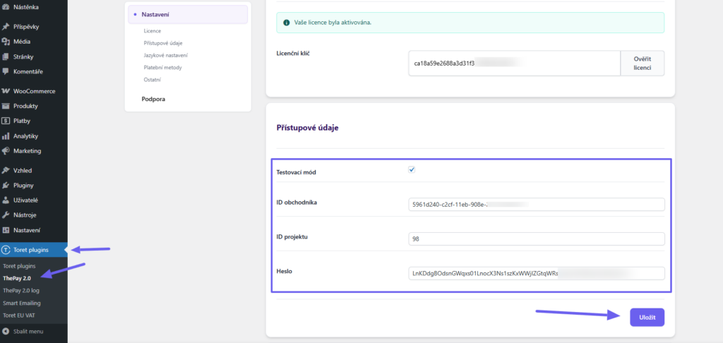 Plugin Toret ThePay2.0 - Nastavení implementačních údajů v pluginu