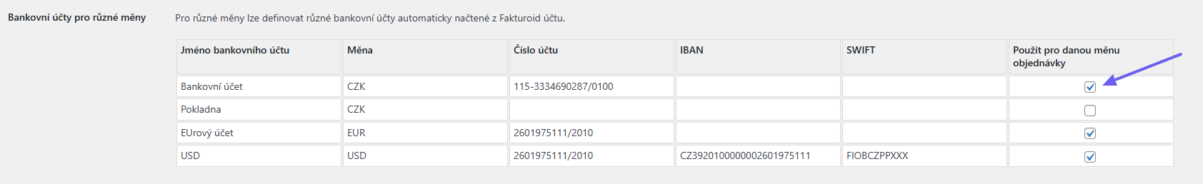 Plugin Toret Fakturoid - bankovní účty