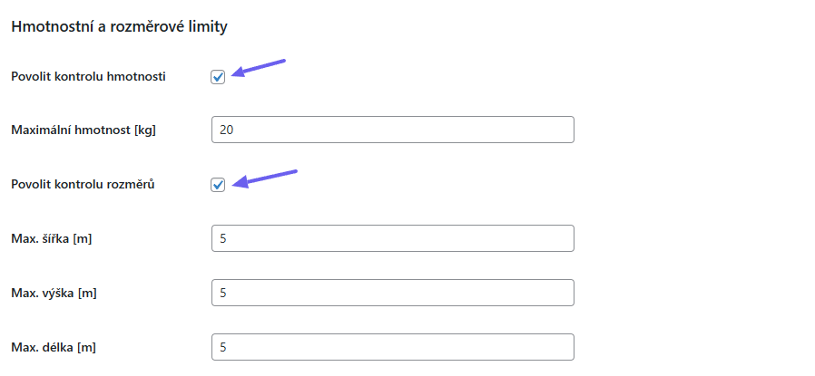 Plugin Toret PPL - hmotnostní a rozměrové limity