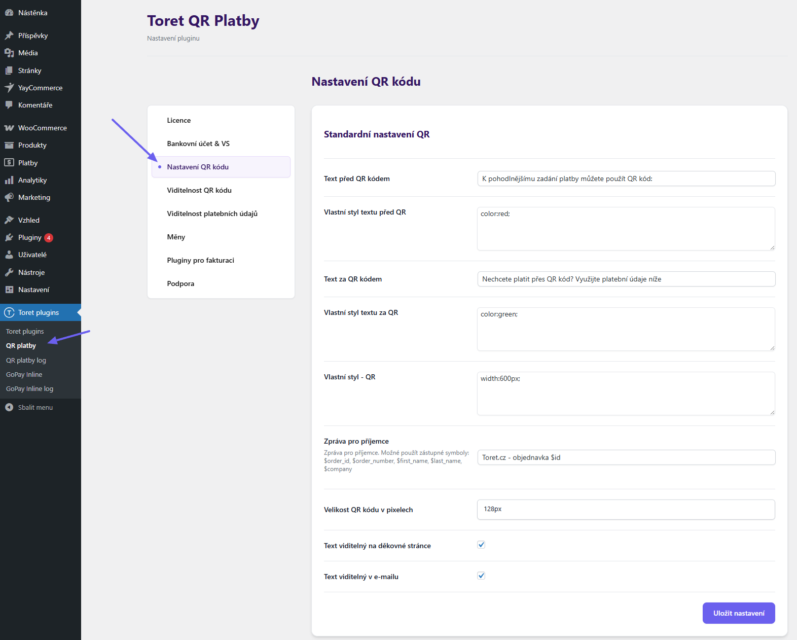 Toret QR Payments Plugin - QR code settings