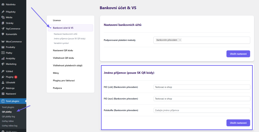 Toret QR Payments Plugin - recipient name settings