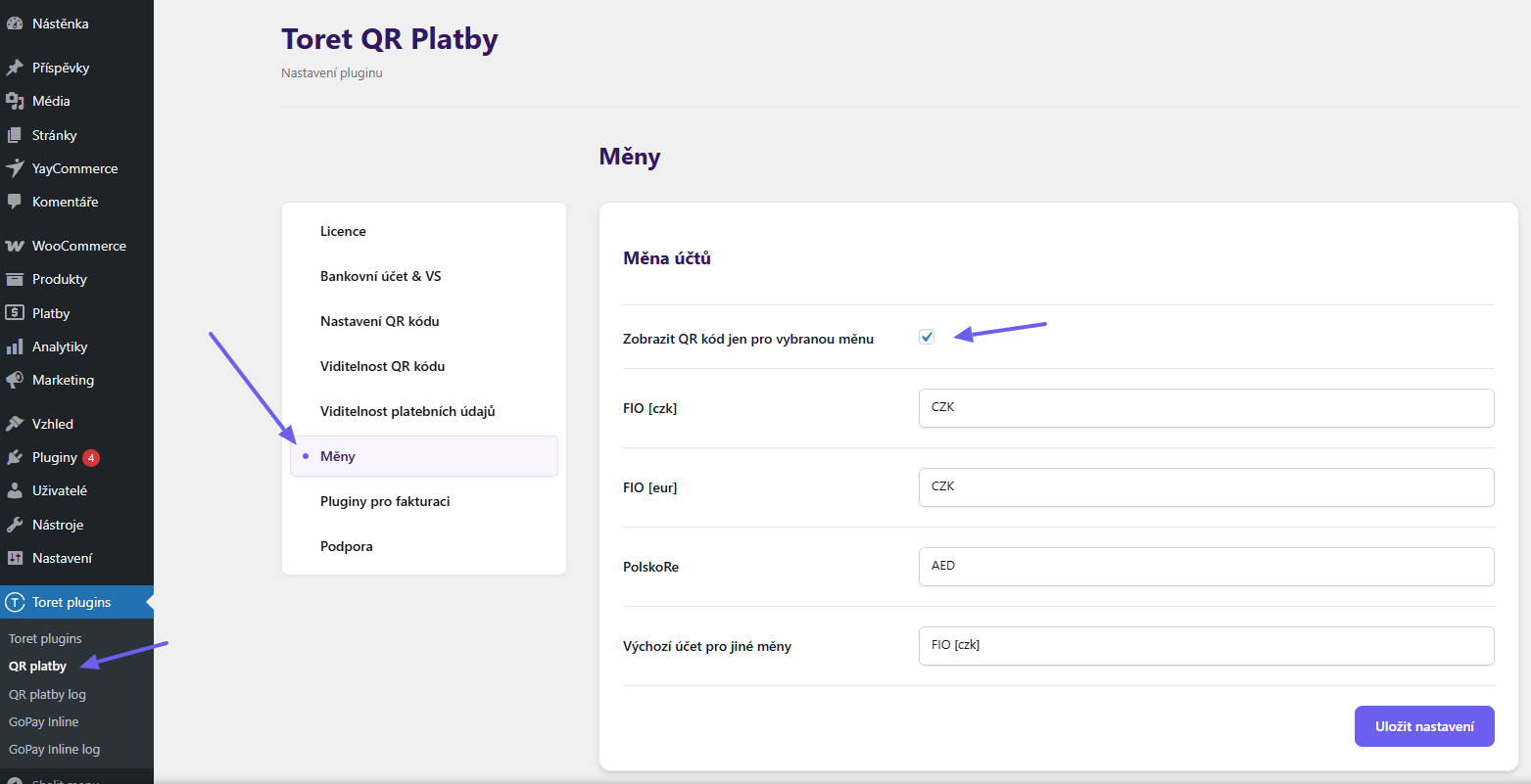 Toret QR Payments Plugin - account currency settings