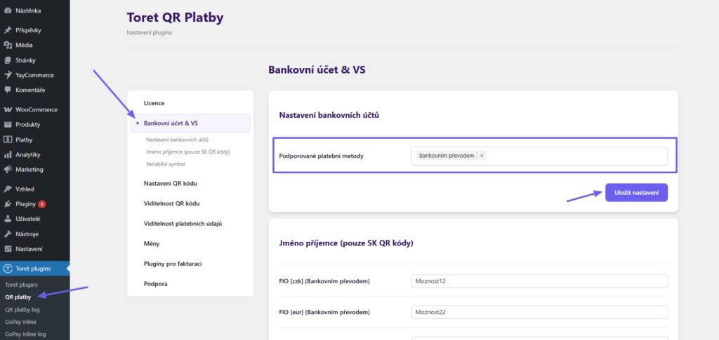 Toret QR Payments Plugin - supported payment methods settings