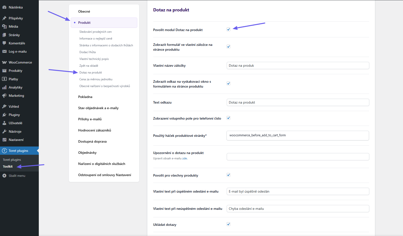 Toret Toolkit Plugin - Product Enquiry function settings