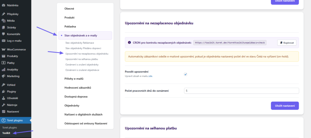 Toret Toolkit Plugin - unpaid order notification settings