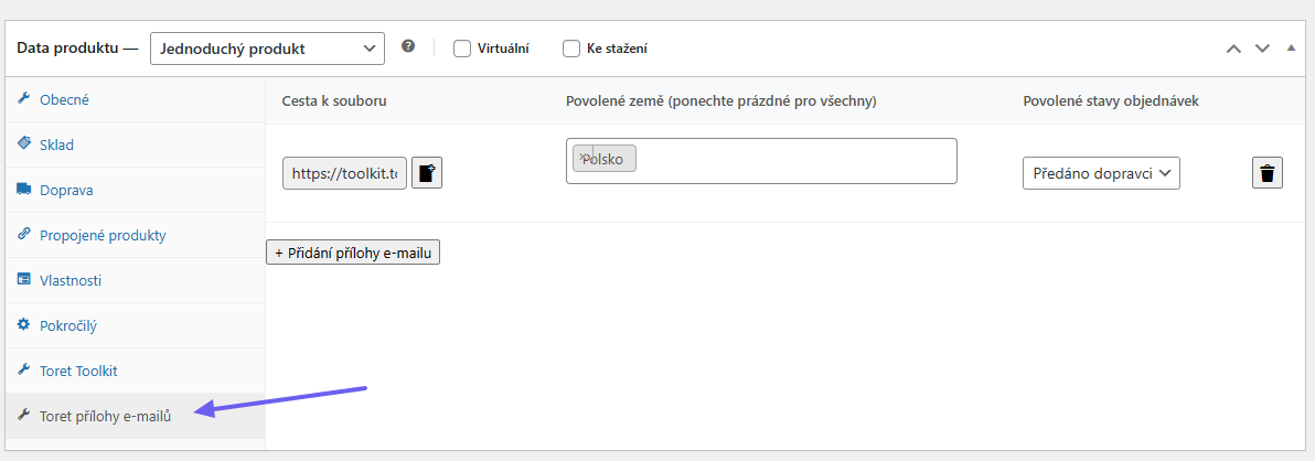 Toret Toolkit Plugin - WooCommerce email attachment settings for product