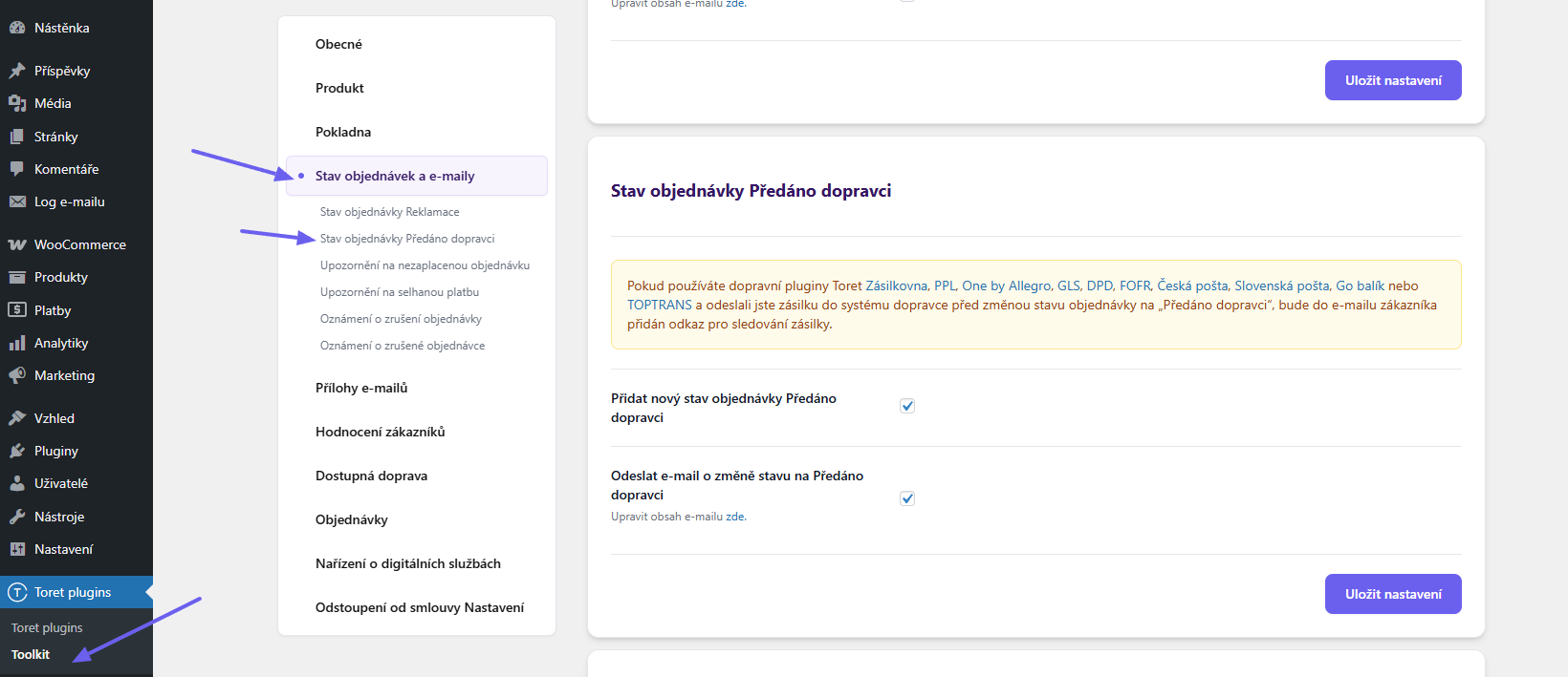 Toret Toolkit Plugin - handed over to carrier order status settings