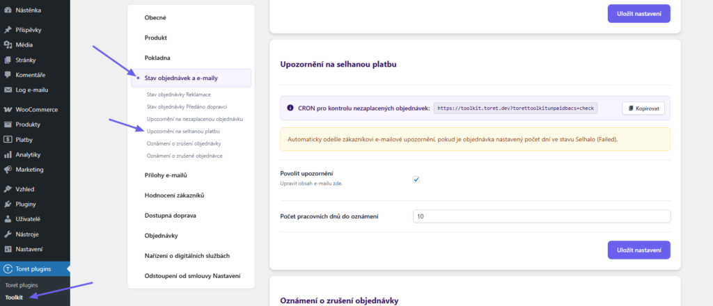 Toret Toolkit Plugin - failed payment notification settings