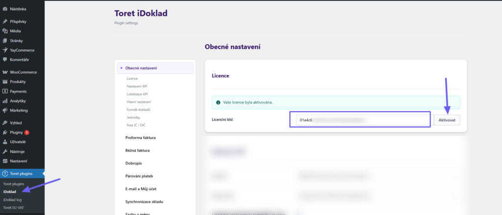 Toret iDoklad Plugin - activation