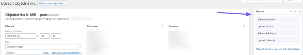 Toret iDoklad Plugin - order detail metabox